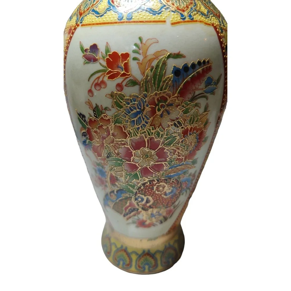 Vintage‎ Japanese Floral Porcelain Vase in Satsuma Style with Detailed Moriage